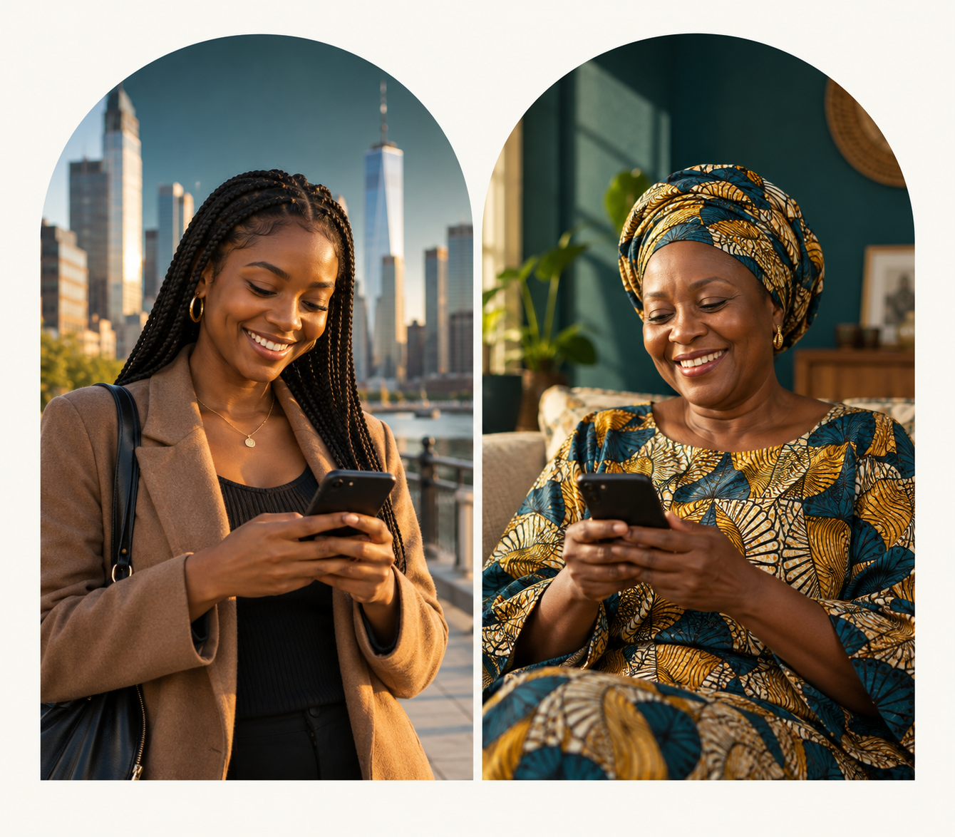 A woman in the United States and a loved one in West Africa smiling as they use their phones.